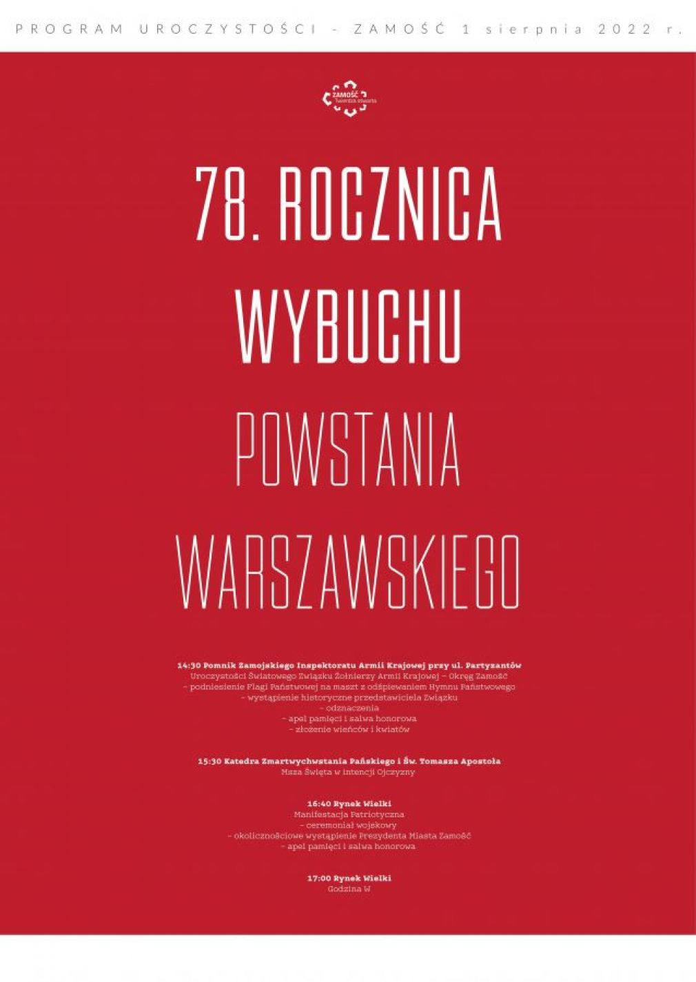 78. rocznica wybuchu Powstania Warszawskiego. Program zamojskich uroczystości